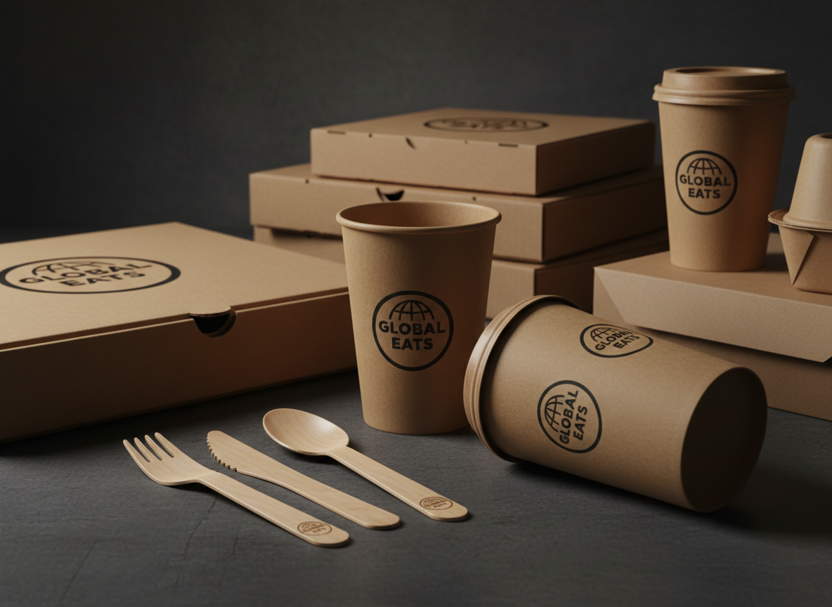 Custom branded disposable supplies including wooden cutlery, coffee cups and packaging