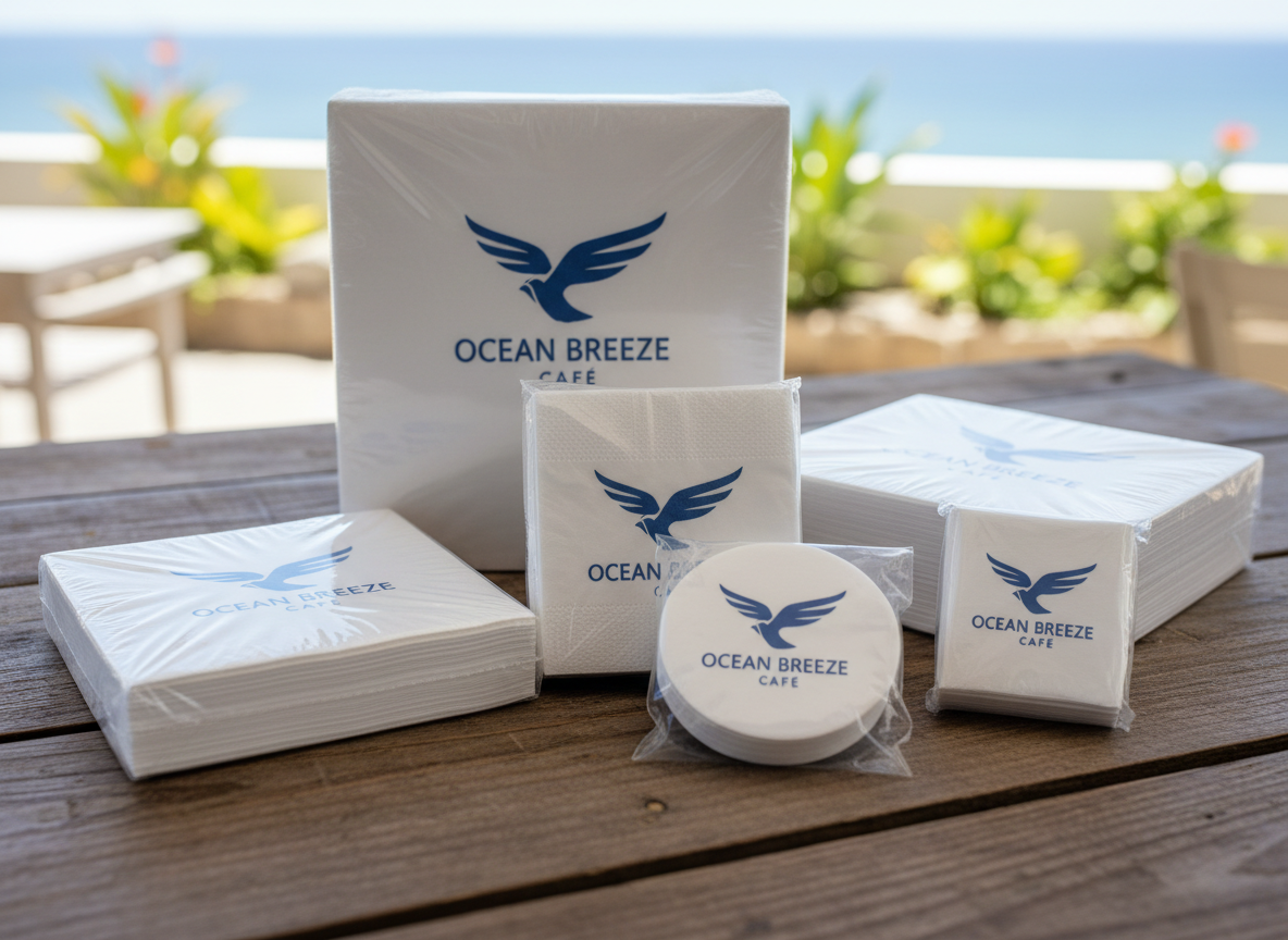 Custom-printed white paper napkins in various sizes