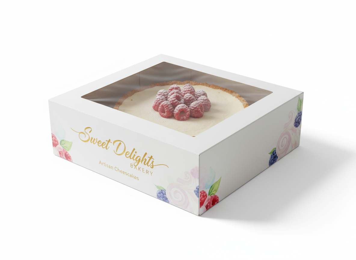 Custom-printed white cardboard cheesecake box with a clear window lid